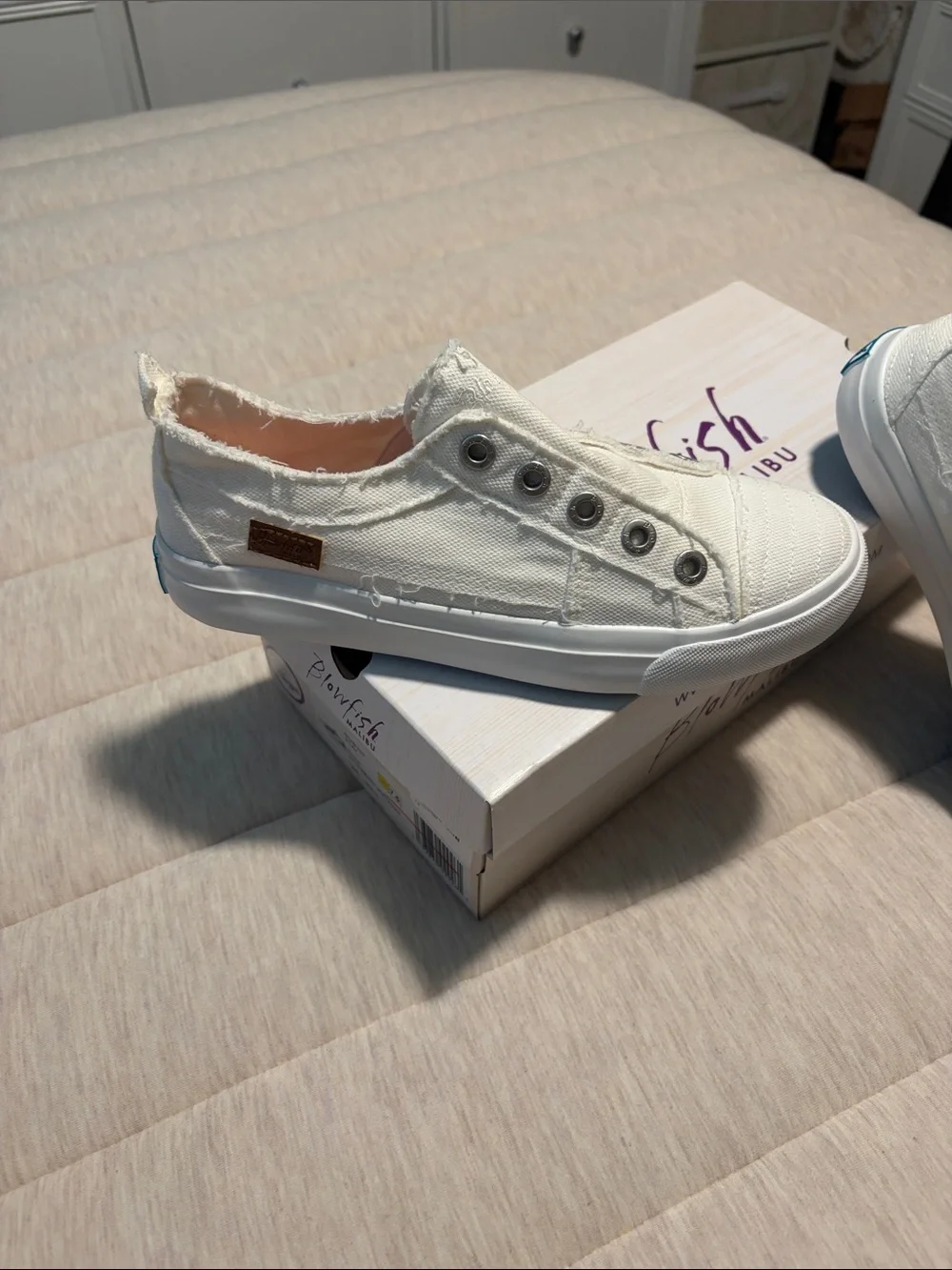 Blowfish White Slip-On Frayed Canvas Sneakers for Women